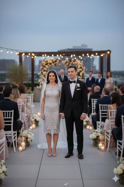 Short Sleeve Ivory Wedding Dress Modest Lace Knee Length Bridal Attire