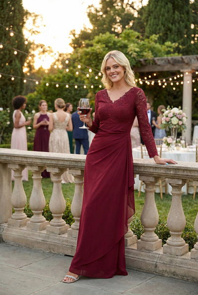 Clearance Burgundy Size 2XL V-Neck Long Lace Gown Mother of the Groom Dress By Eva USA 3451
