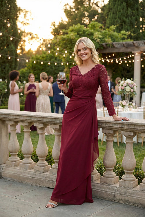 Clearance Burgundy Size 2XL V-Neck Long Lace Gown Mother of the Groom Dress By Eva USA 3451