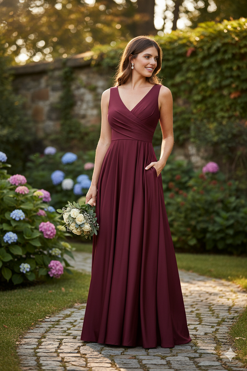 Lenovia 5242 Side Pockets A-line Shiny Long Simple Formal Evening Gown