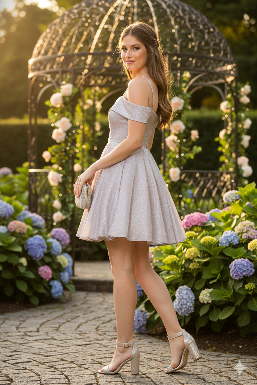 Lenovia 5228 Short Glitter A-Line Cold Shoulder Cocktail Dress