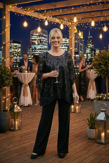 Women's Black Pant Suit for Funeral and Plus Size by Eva USA 3443