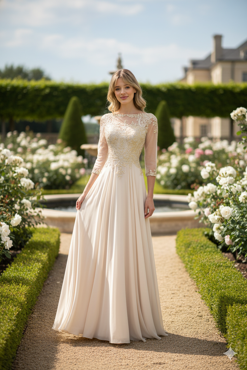 Vestido bordado de manga 3/4 Lenovia 8171 para madre de la novia