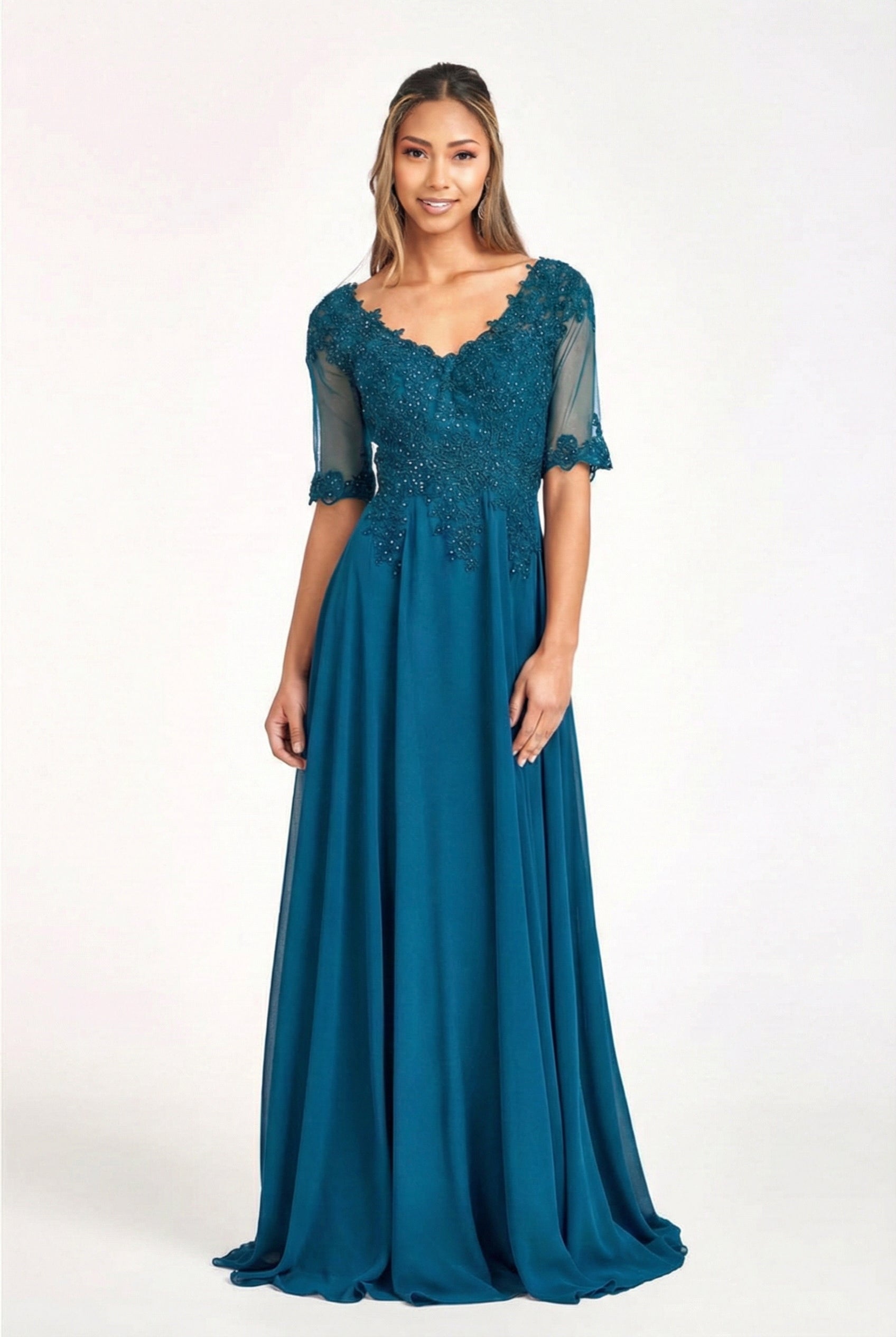 Applique Chiffon Mid-Sleeve Gown by Elizabeth K GL1982
