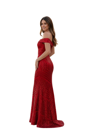 LENOVIA 5224 Off Shoulder Sequined Long Formal Dress