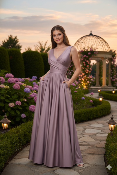 Lenovia 5242 Side Pockets A-line Shiny Long Simple Formal Evening Gown