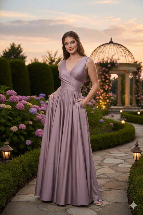 Lenovia 5242 Side Pockets A-line Shiny Long Simple Formal Evening Gown
