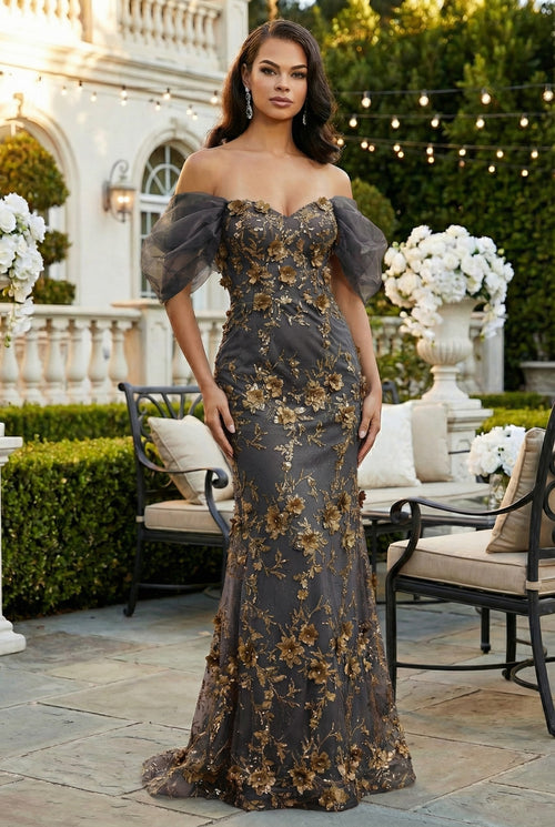 Off Soulder 3D Floral Applique Red Carpet Dress-New Collection