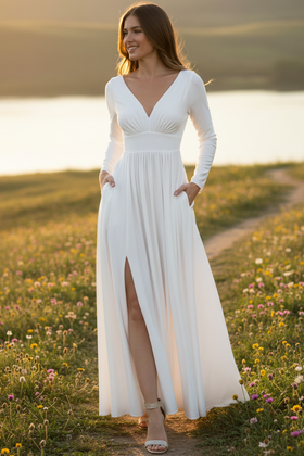 Wedding Dress Deep V-Neck Long Sleeve Engagement Gown