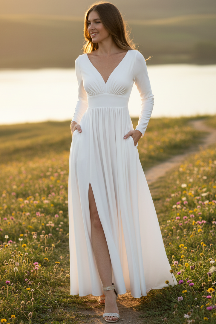 Wedding Dress Deep V-Neck Long Sleeve Engagement Gown