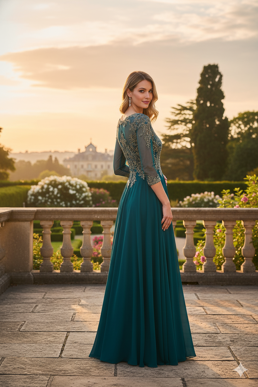 Vestido bordado de manga 3/4 Lenovia 8171 para madre de la novia