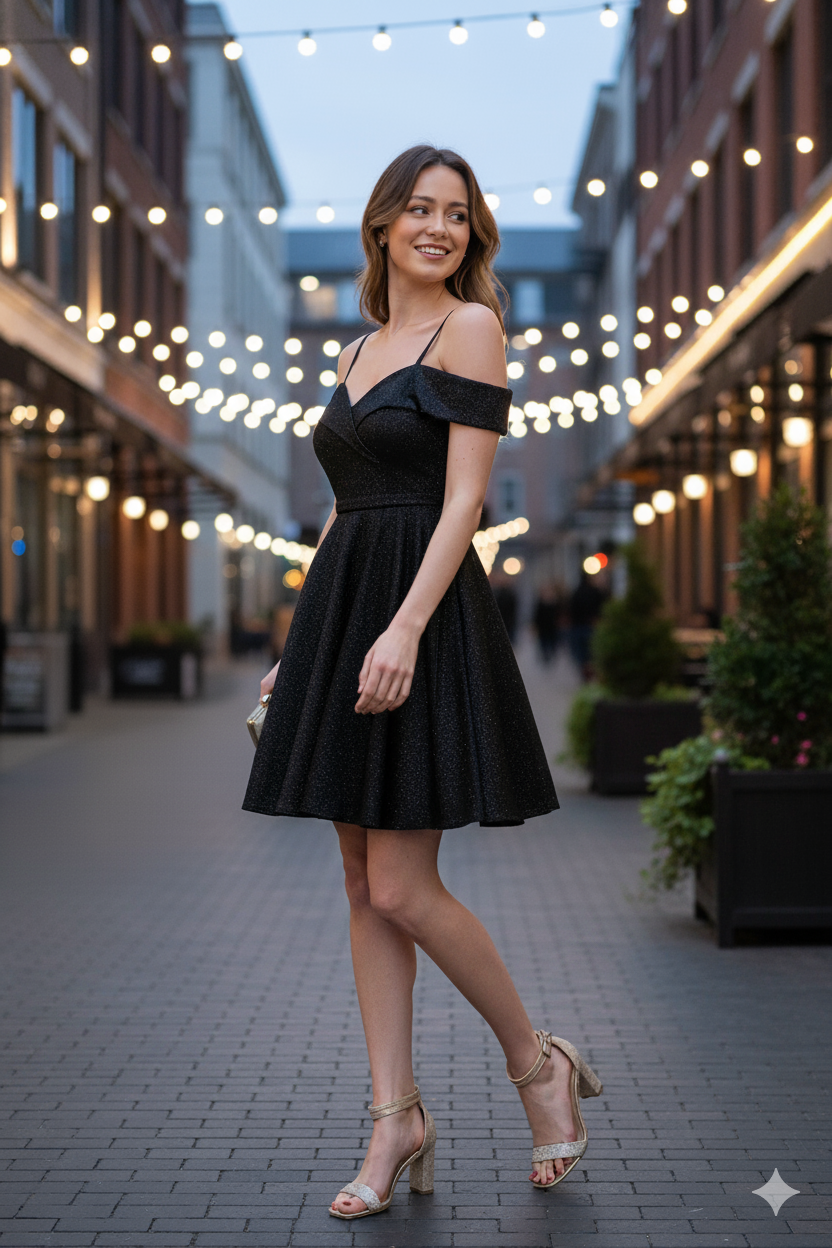 Lenovia 5228 Short Glitter A-Line Cold Shoulder Cocktail Dress
