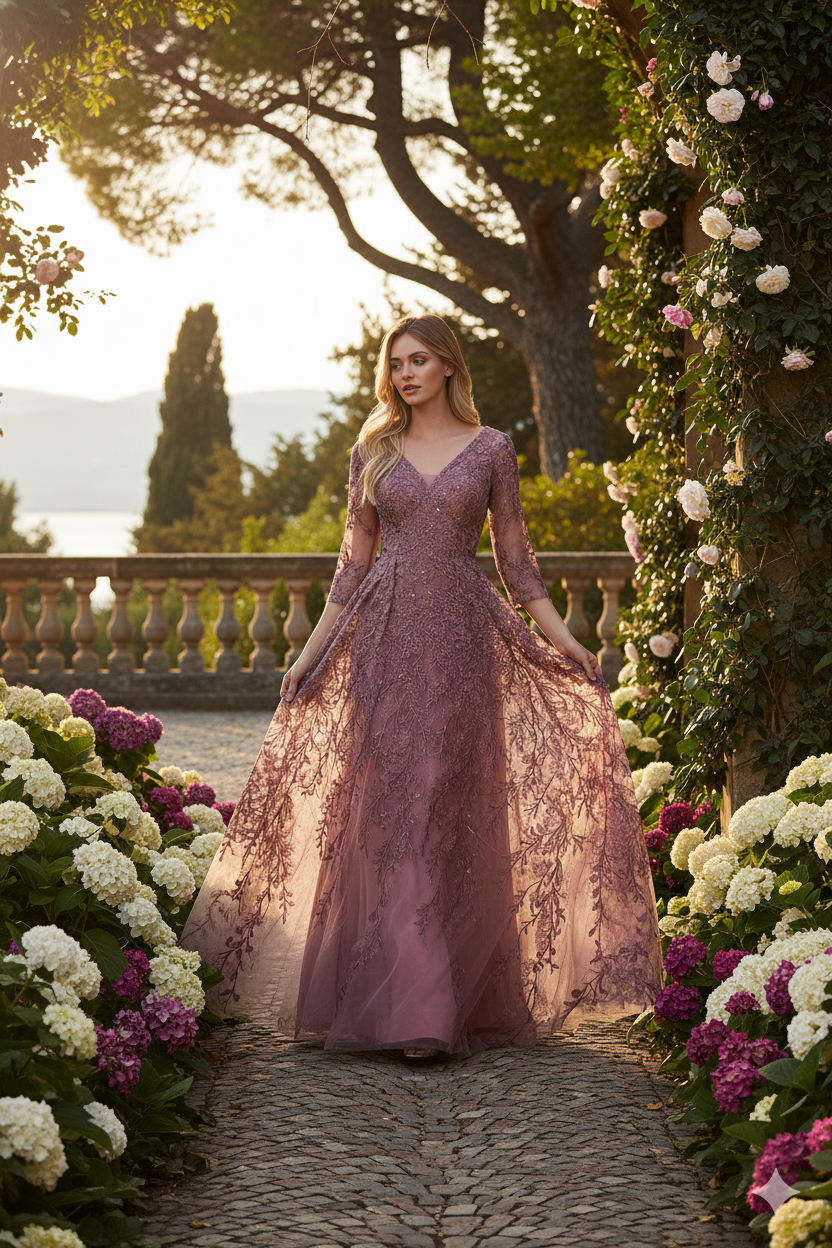 Embroidered A-Line Mother of the Bride Gown with Sheer 3/4 Sleeves By Lenovia 8356