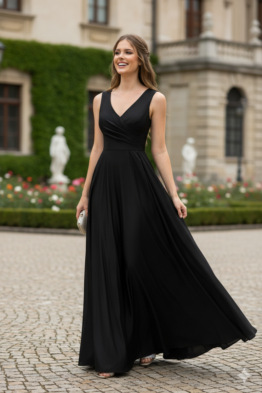 Lenovia 5242 Side Pockets A-line Shiny Long Simple Formal Evening Gown