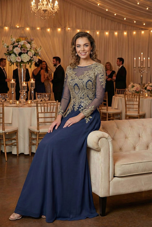 3/4 Sleeve Mother of the Bride Dress Embroidered Modern Evening Gown