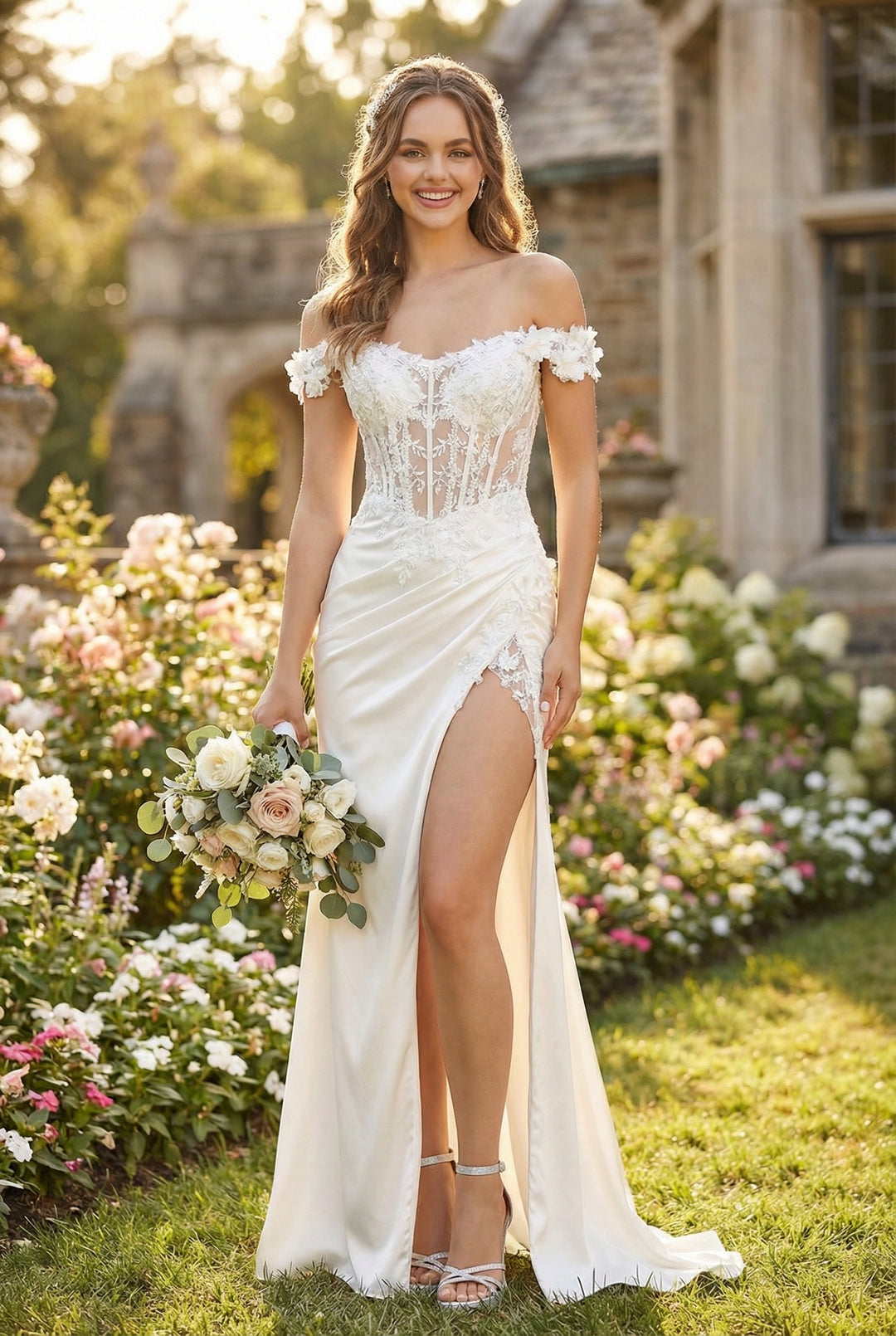 semi formal bridal dresses Off Shoulder Satin Long Slit Wedding Dress Picture Color Sky Bue One Shoulder faves25 Colour:Black Lagoon