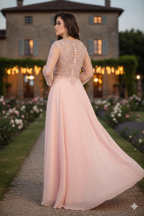 Mother of the Bride Dress 3/4 Long Sleeves Chiffon A-Line Evening Gown-New Collection