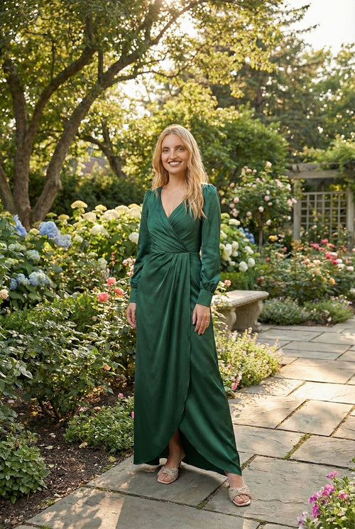 May Queen MQ1974 Long Sleeve Satin Evening Dress-New Collection