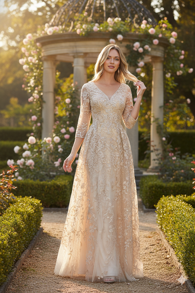 Embroidered A-Line Mother of the Bride Gown with Sheer 3/4 Sleeves By Lenovia 8356