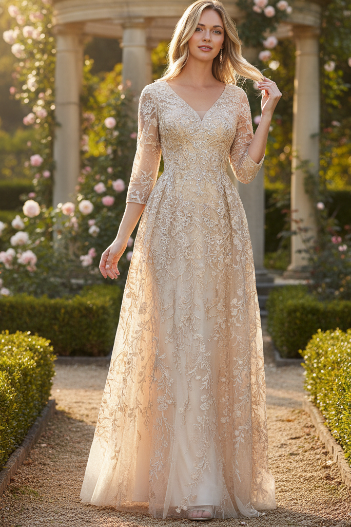 Embroidered A-Line Mother of the Bride Gown with Sheer 3/4 Sleeves By Lenovia 8356