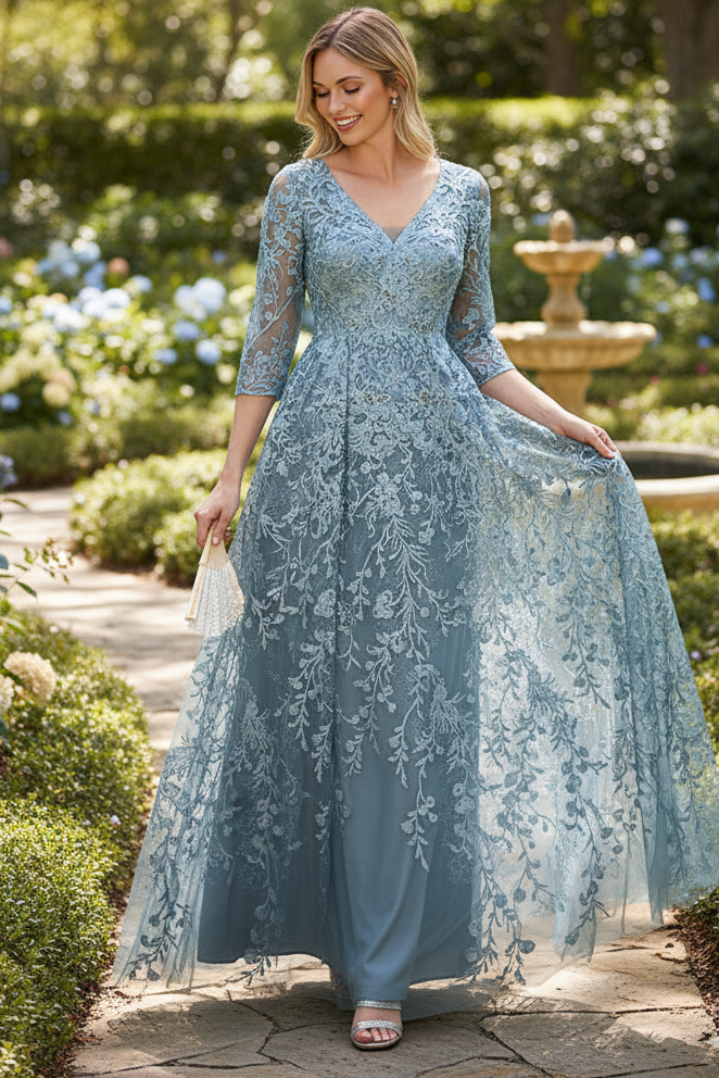 Embroidered A-Line Mother of the Bride Gown with Sheer 3/4 Sleeves By Lenovia 8356