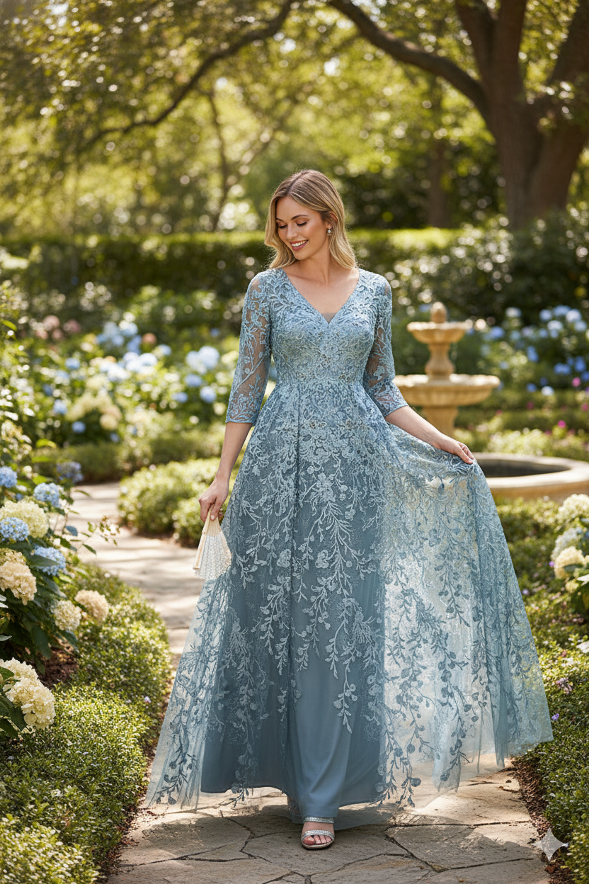 Embroidered A-Line Mother of the Bride Gown with Sheer 3/4 Sleeves By Lenovia 8356