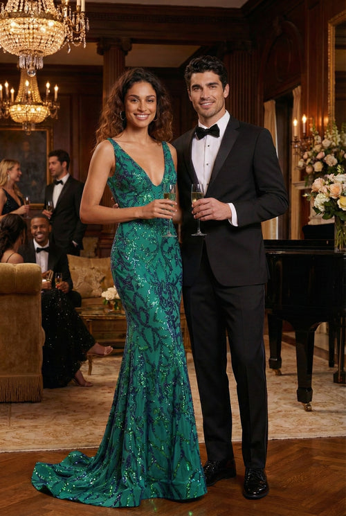 Sequin Lace Evening Gown with Deep V-Neck & Low Back Formal Dress by Jovani 22811