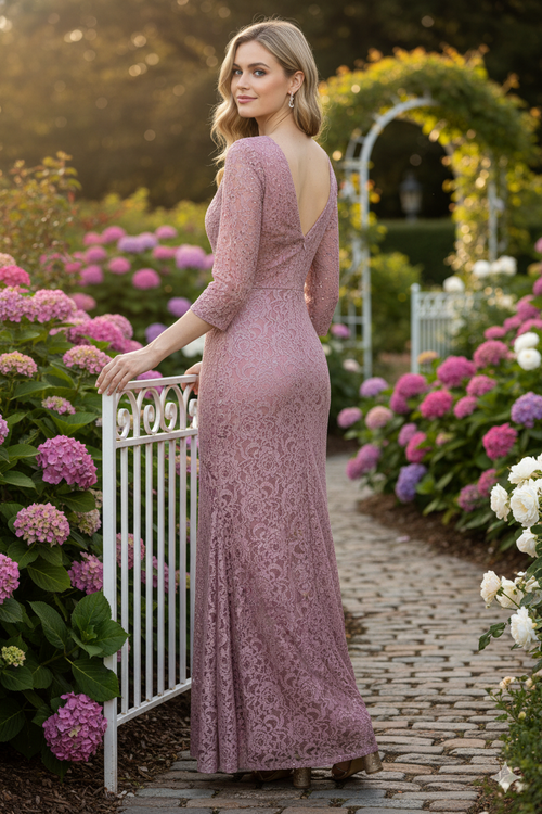 Vestido formal para madre de la novia Lenovia 5239 de encaje modesto con mangas 3/4 - Nueva colección