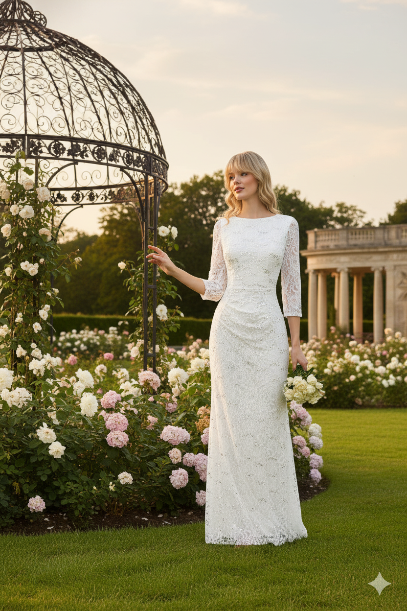 Vestido formal para madre de la novia Lenovia 5239 de encaje modesto con mangas 3/4 - Nueva colección