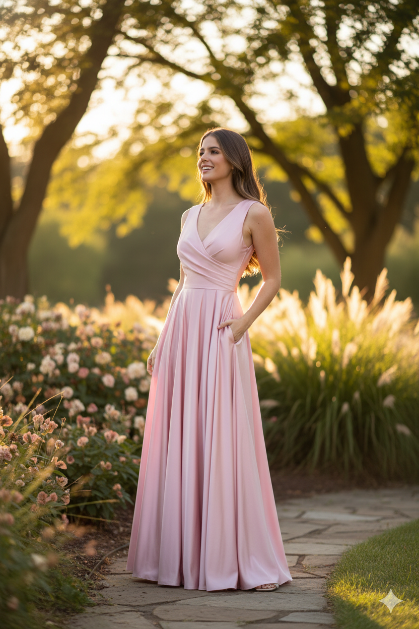 Lenovia 5242 Side Pockets A-line Shiny Long Simple Formal Evening Gown