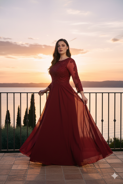 Mother of the Bride Dress 3/4 Long Sleeves Chiffon A-Line Evening Gown-New Collection