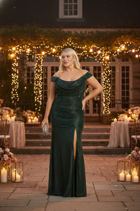 Sequin Cowl Neck Formal Prom Gown with Slit By Royal Queen RQ7950