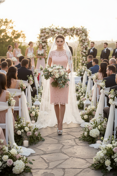 Short Sleeve Ivory Wedding Dress Modest Lace Knee Length Bridal Attire