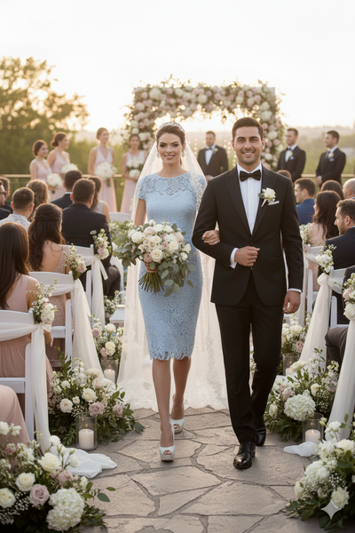 Short Sleeve Ivory Wedding Dress Modest Lace Knee Length Bridal Attire