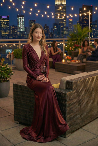 Long Sleeve Stretchy Evening Dress V-Neck Mermaid Simple Evening Prom Gown