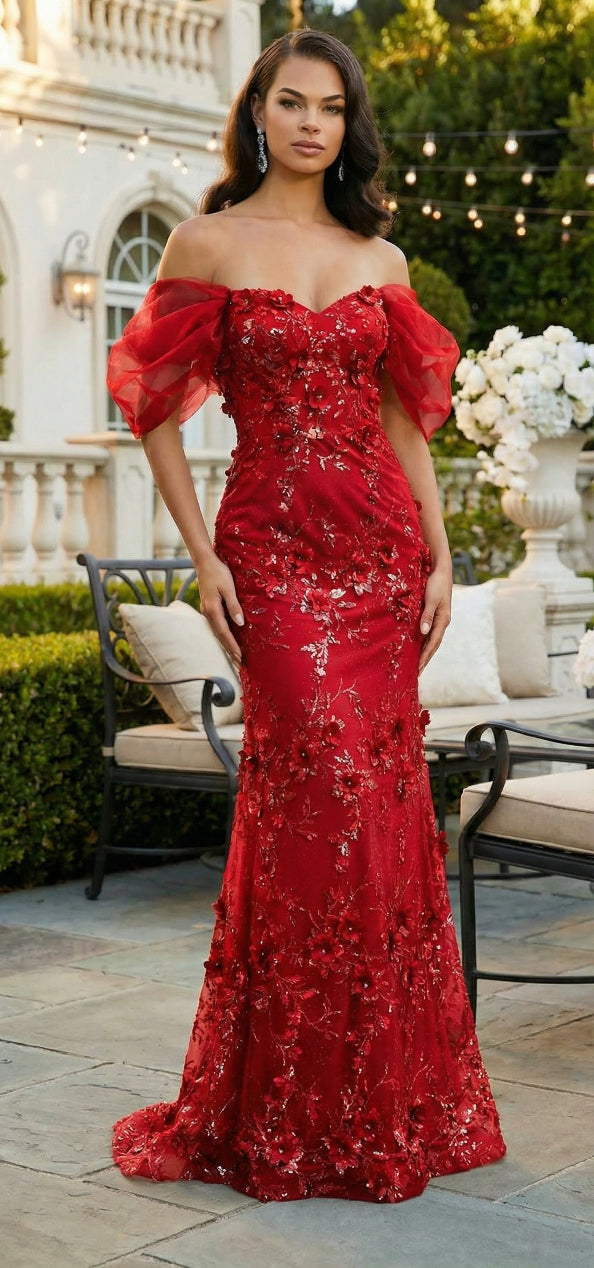 Off Soulder 3D Floral Applique Red Carpet Dress-New Collection