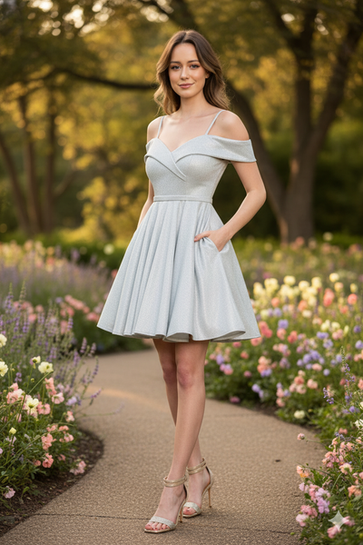Lenovia 5228 Short Glitter A-Line Cold Shoulder Cocktail Dress
