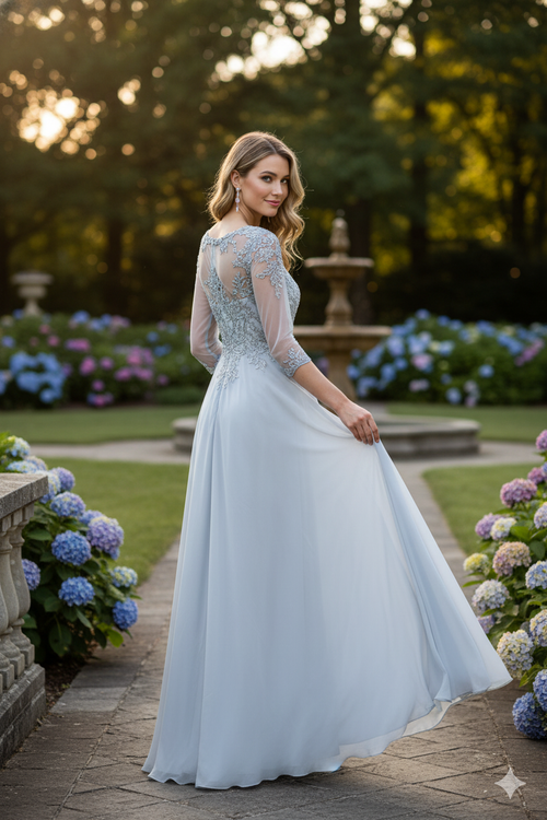 Vestido bordado de manga 3/4 Lenovia 8171 para madre de la novia