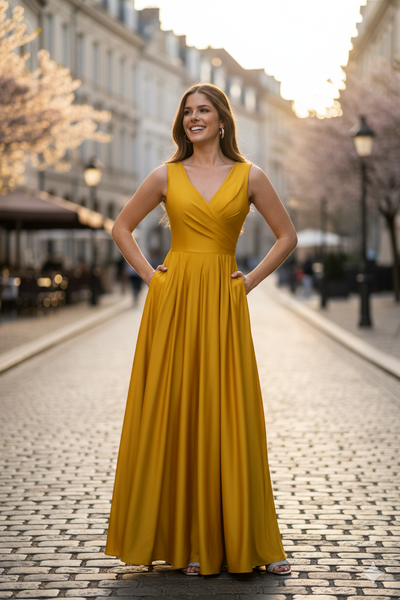 Lenovia 5242 Side Pockets A-line Shiny Long Simple Formal Evening Gown