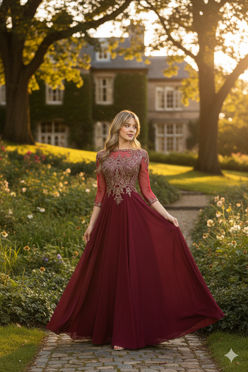 Vestido bordado de manga 3/4 Lenovia 8171 para madre de la novia