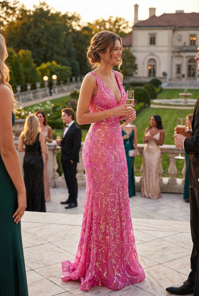 Sequin Lace Evening Gown with Deep V-Neck & Low Back Formal Dress by Jovani 22811