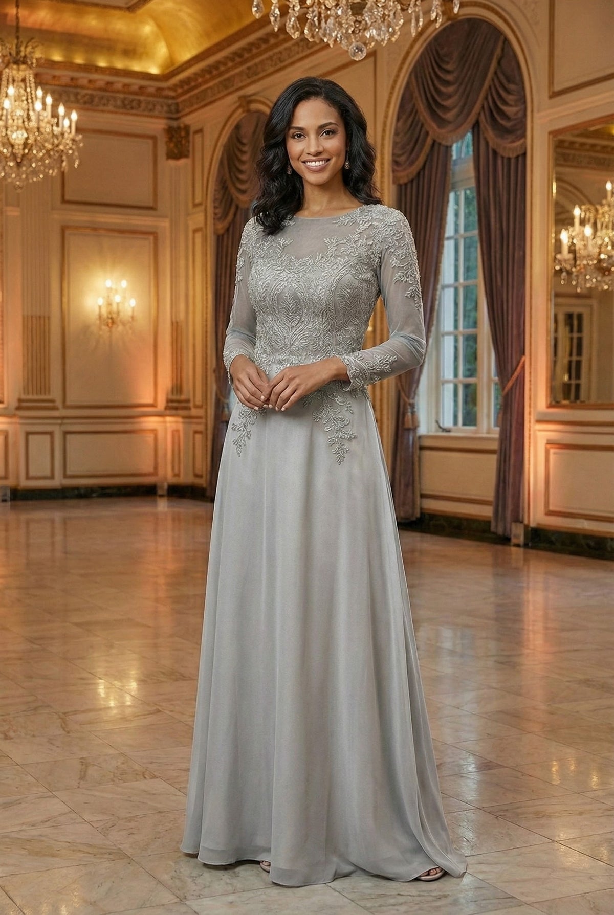 3/4 Sleeve Mother of the Bride Dress Embroidered Modern Evening Gown