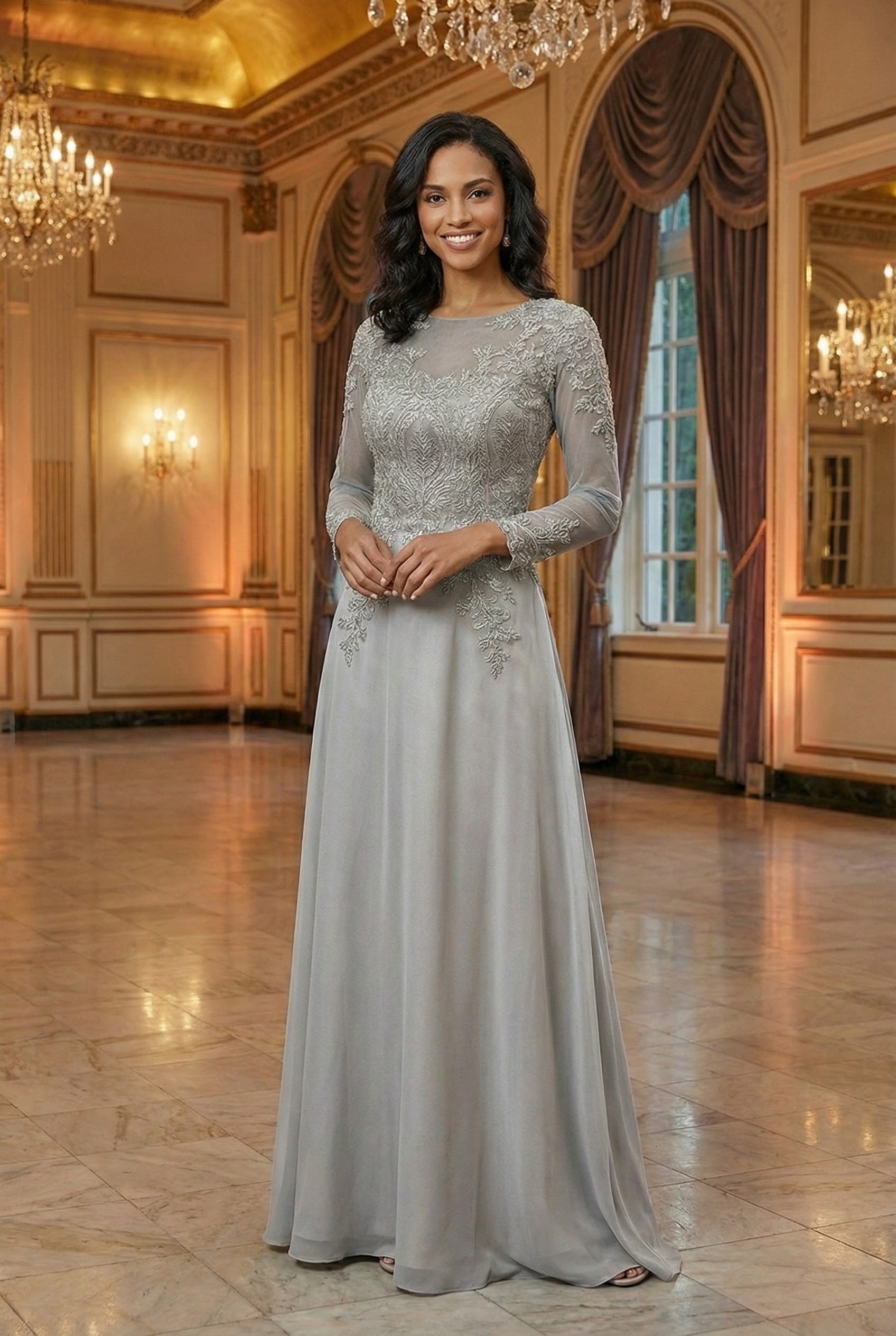 3/4 Sleeve Mother of the Bride Dress Embroidered Modern Evening Gown