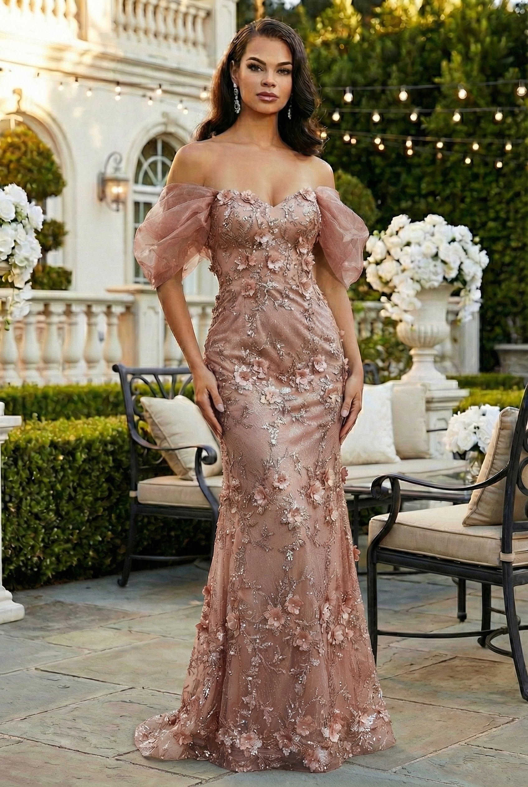 Off Soulder 3D Floral Applique Red Carpet Dress-New Collection