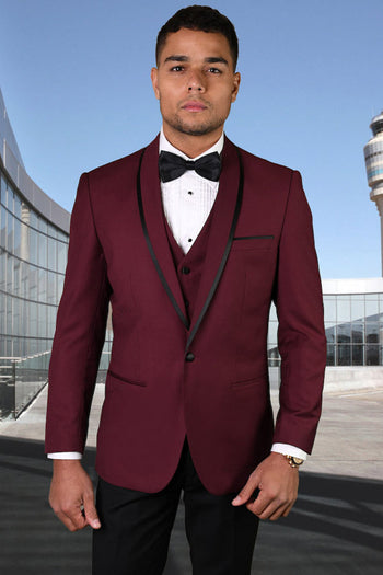 Esmoquin de diseño para hombre con ribete de satén y chal para boda y graduación en color burdeos