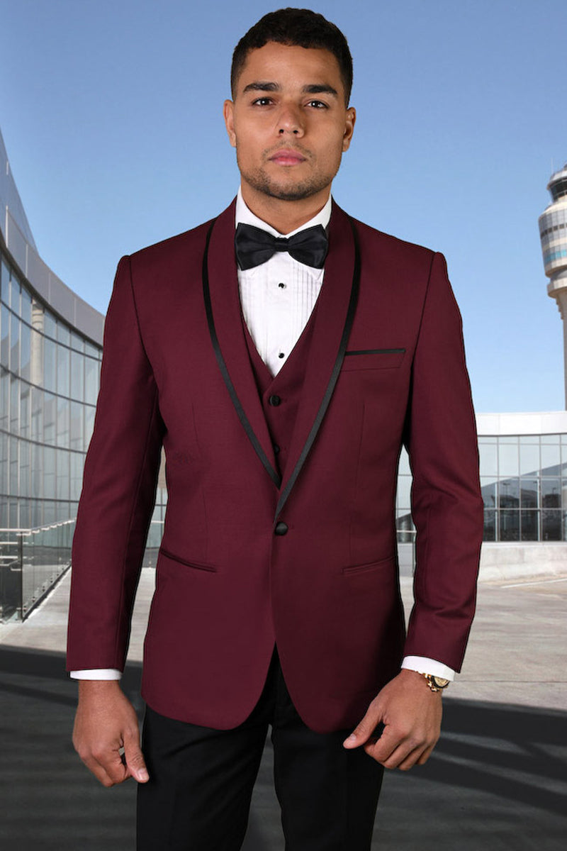 Esmoquin de diseño para hombre con ribete de satén y chal para boda y graduación en color burdeos