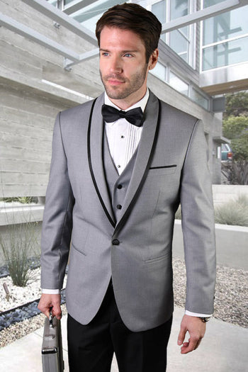 Esmoquin de diseño para hombre, con ribete de satén y chal, para boda y graduación, en gris