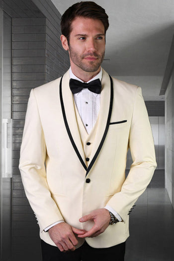 Esmoquin de diseño para hombre con ribete de satén y chal para boda y graduación en color marfil y blanco roto