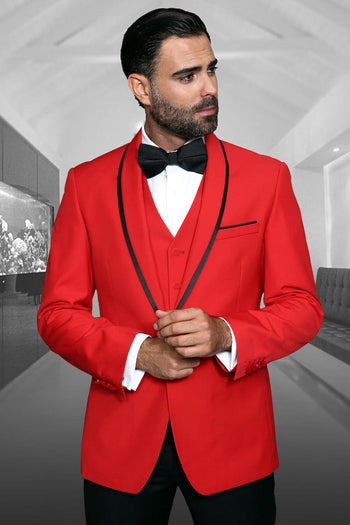Esmoquin de diseño para hombre con ribete de satén y chal para boda y graduación en rojo