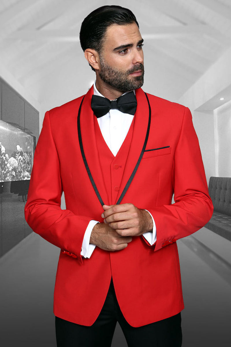 Esmoquin de diseño para hombre con ribete de satén y chal para boda y graduación en rojo